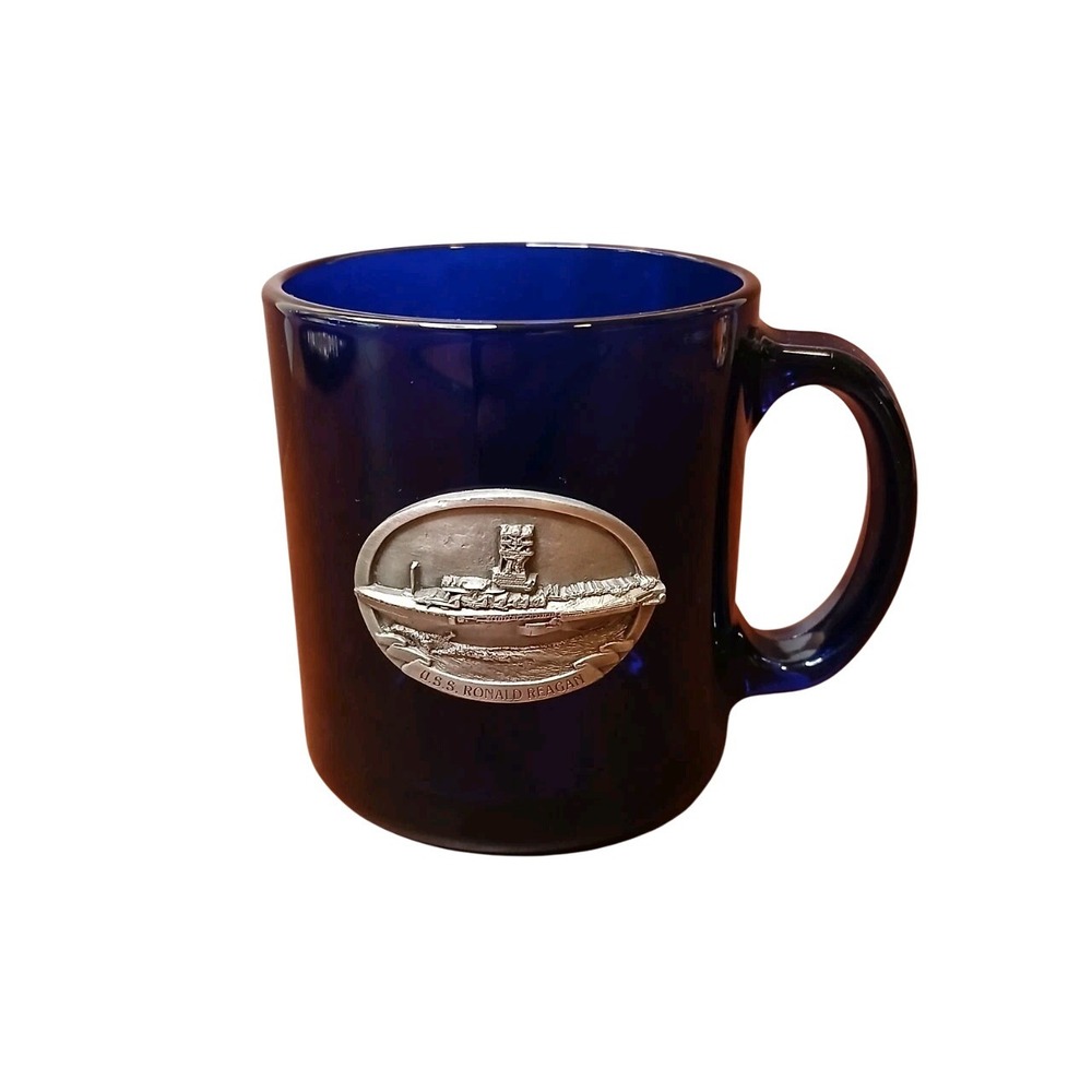 USS‎ Ronald Reagan Coffee Mug Cobalt Blue Pewter Aircraft Carrier Emblem #119B5